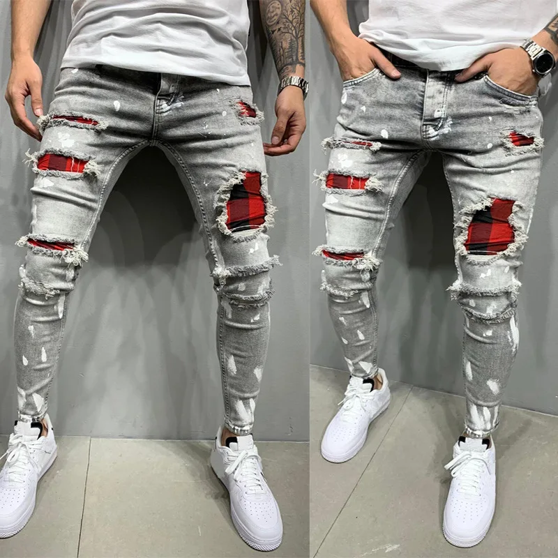 Mens Distressed Pleated Knee Patch Painted Stretch Skinny Jeans Ripped Denim Pants Brand Hip Hop Black Casual Trousers for men