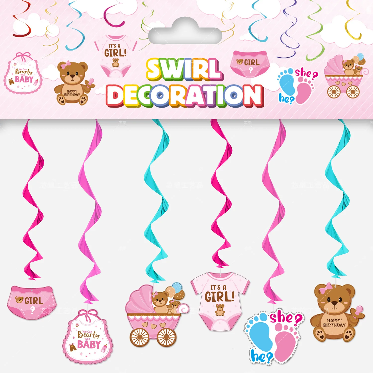 6pcs Gender Reveal Hanging Swirl Decor Boy or girl Baby Stroller Bear Ceiling Hanging Decor for Baby Shower Gender Reveal Party