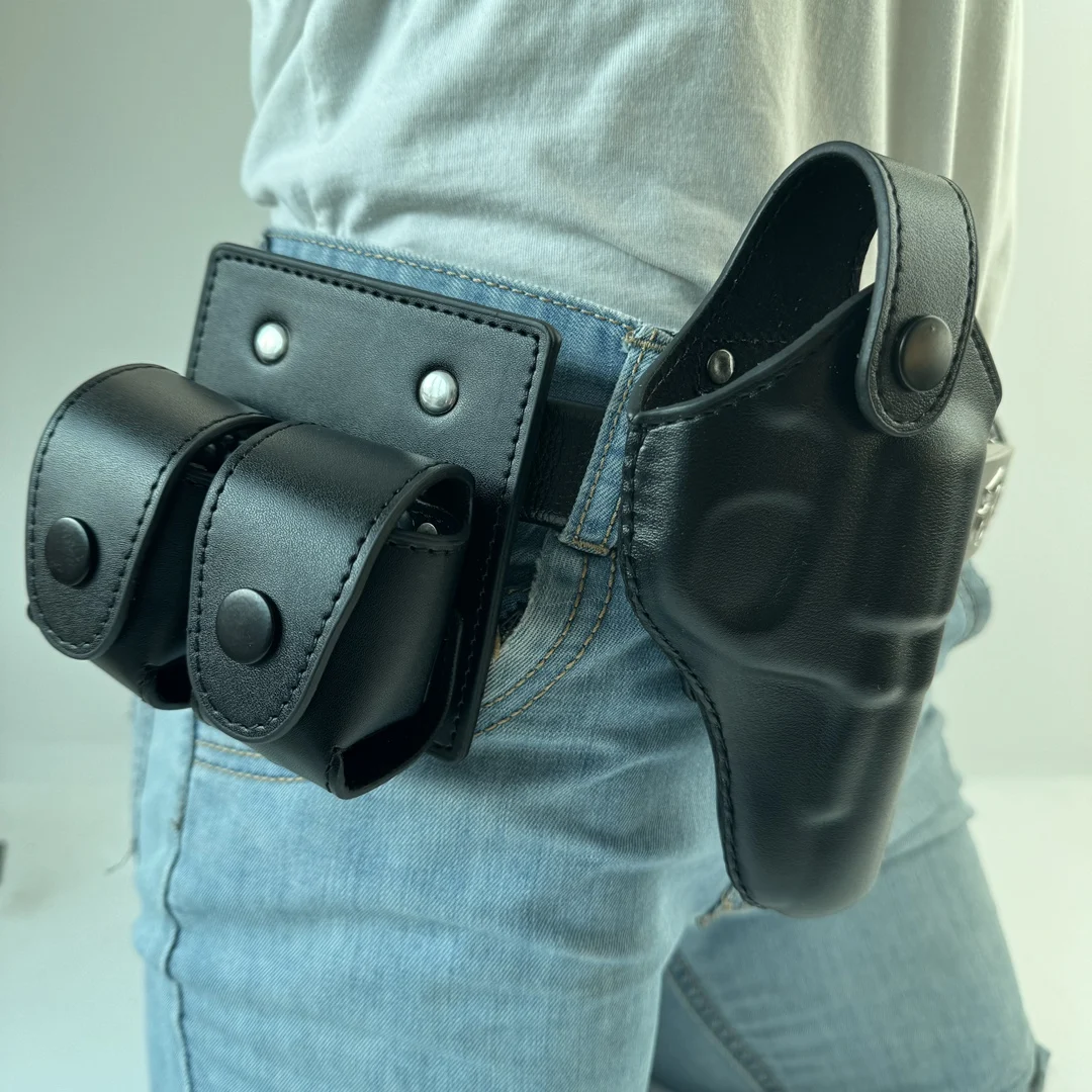 

Кожаная тактическая кобура для револьвера 9 мм с двойным отделением для магазинов, формованная, для быстрого извлечения, тренировочная, из натуральной кожи