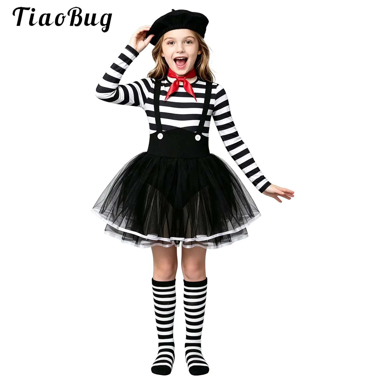 Kids Girls Circus Costume Clown Outfit Long Sleeve Layered Ruffled Ballet Leotard Tutu Dress with Hats Halloween Fancy Dress Up