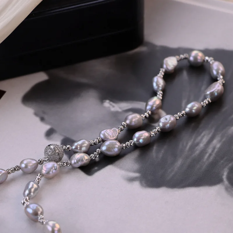 Statement Internet Celebrity Natural Gray Freshwater Real Pearl Special-shaped Baroque Pearl Magnetic Ball Lobster Necklace