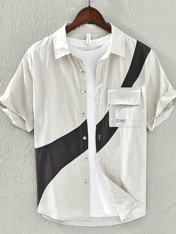 Casual Fashionable Patchwork Short Sleeve Loose Men's Shirt Personality Color Block Summer Shirt Handsome Trendy Clothing