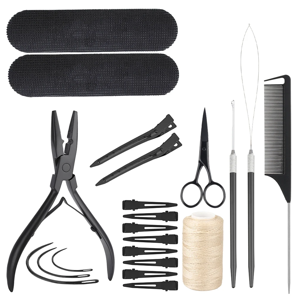 Kit d'outils d'extension de cheveux en acier inoxydable, pince à cheveux, fil de polyester, boucle de traction, coiffure, extension de trame, couture