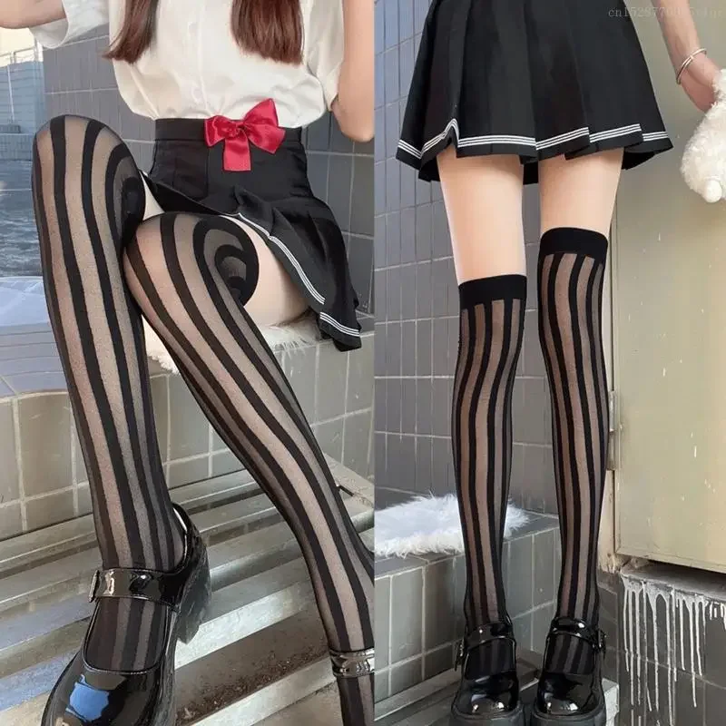 JK Damen-Socken, durchsichtig, seidig, vertikal gestreift, über dem Knie, lange Socken mit niedlicher Schleife, japanische Lolita-Leggings, oberschenkelhohe Strümpfe