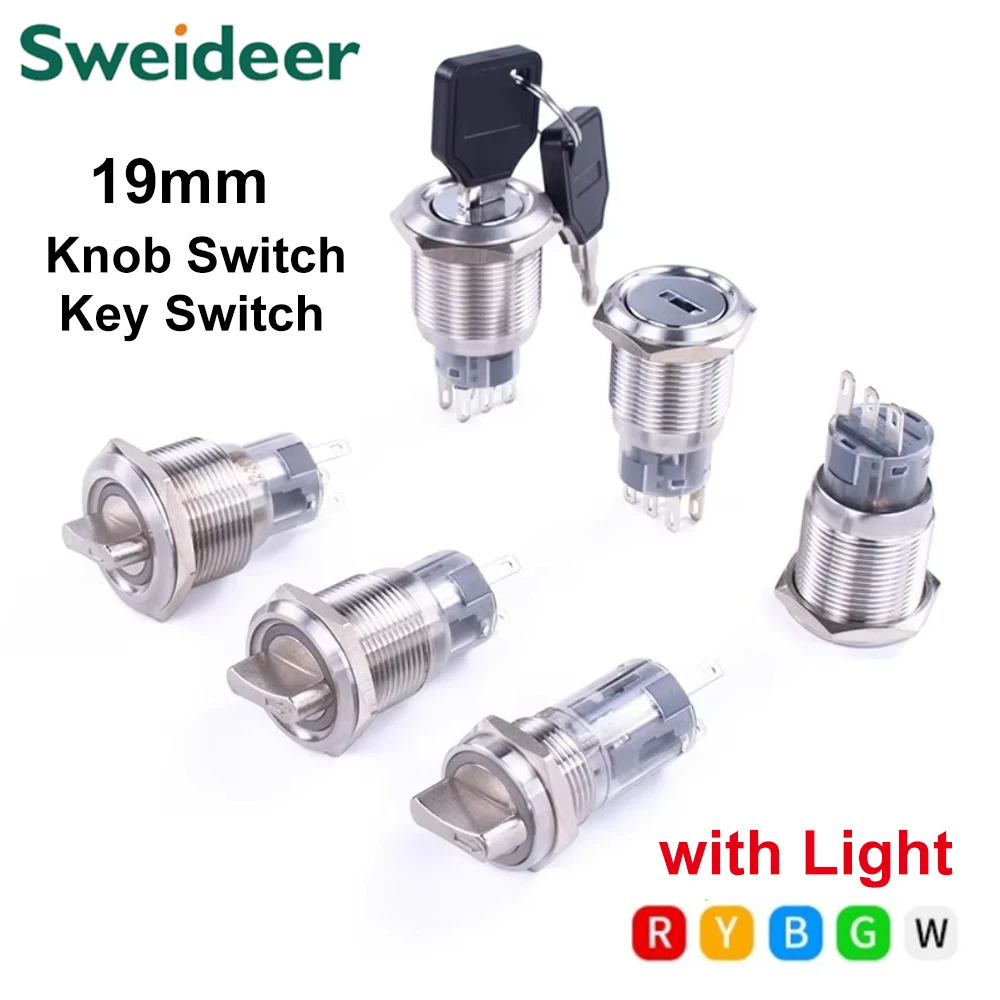 19mm Knob Switch with LED 2/3 Position Self Locking Momentary 1NO1NC 2NO2NC Select Rotary Key Switch with Light 3-6V 12-24V 220V