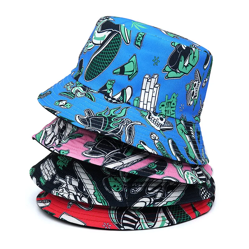 2024 Spring/Summer Death\'s Head Print Hat Reversible Cartoon Print Sun-proof Bucket Hat Big Brim Unisex Outdoor Fisherman Cap