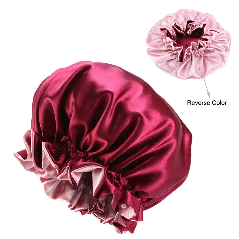 Lady Silk Night Sleep Hats Double Layer Head Cover Fashion Shower Cap Adjustable Silk Satin Bonnet For Women