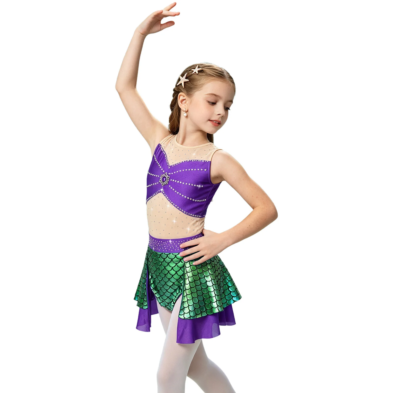 Kids Girls Mermaid Princess Costume Ballet Dance Skating Gymnastics Leotard Sleeveless Shiny Rhinestone Mesh Fish Scale Dress