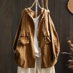 100% Cotton yarn hoodies for women summer Japan style hooded short long solid shirts and blouse big size tops short/Long sleeved