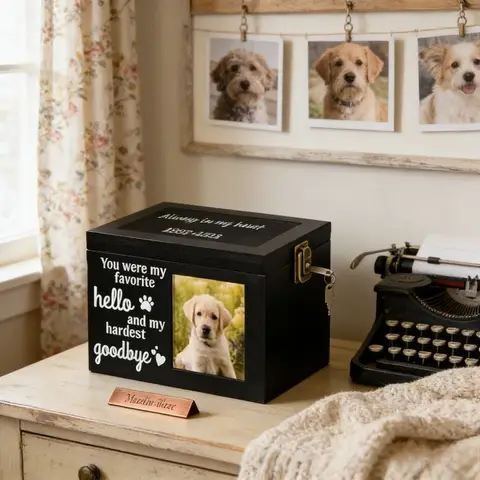 Wooden Pet Urn with Photo Frame Handcrafted Memorial Box for Dogs Cats Ashes Storage Rustic Natural Wood Keepsake Casket