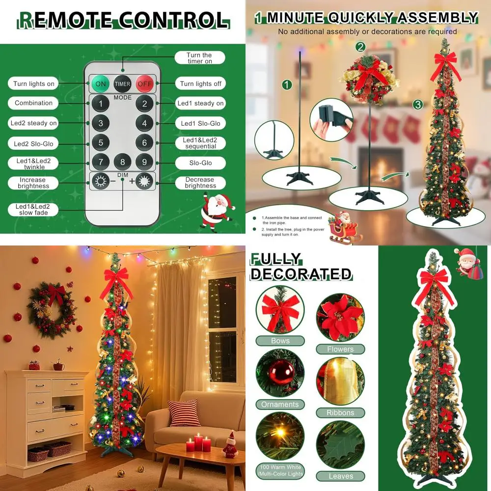 

6ft Slim Pre-Lit Pencil Christmas Tree with Remote, Red & Gold Decor, Warm White & Multicolor Lights