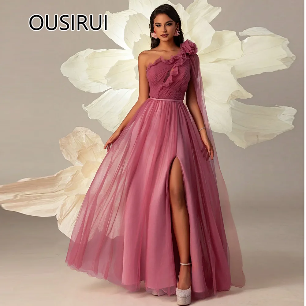 robe de One Shoudler Tulle Ruffles Evening Saudi Arab A-line Floral Side Slit Evening Lace up Bridal Dress with Cape Custom Made