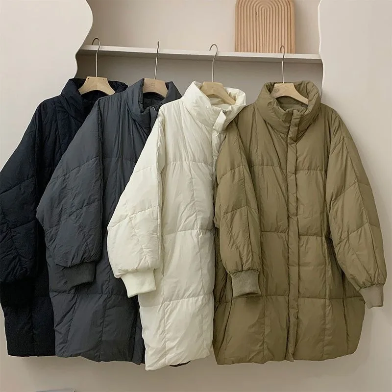 Chaqueta de plumón con manga de murciélago para mujer, parka de longitud media con cuello levantado, ropa de exterior gruesa y holgada, novedad de invierno, 2023