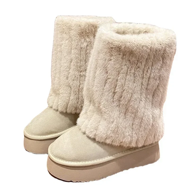 Shoes for Women 2023 New Slip on Women's Boots Winter Round Toe Solid Flock Plush Warm Mid Heel Water Proof Casual Snow Boots