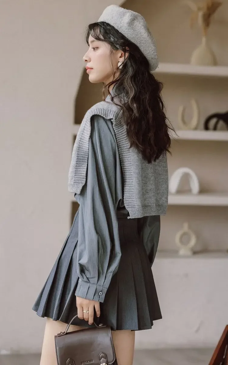 Autumn New Korea Japan Style Jk Set women's Short Suit Jacket White Shirt Short Pleated Skirt Fashion Grey Uniform Set