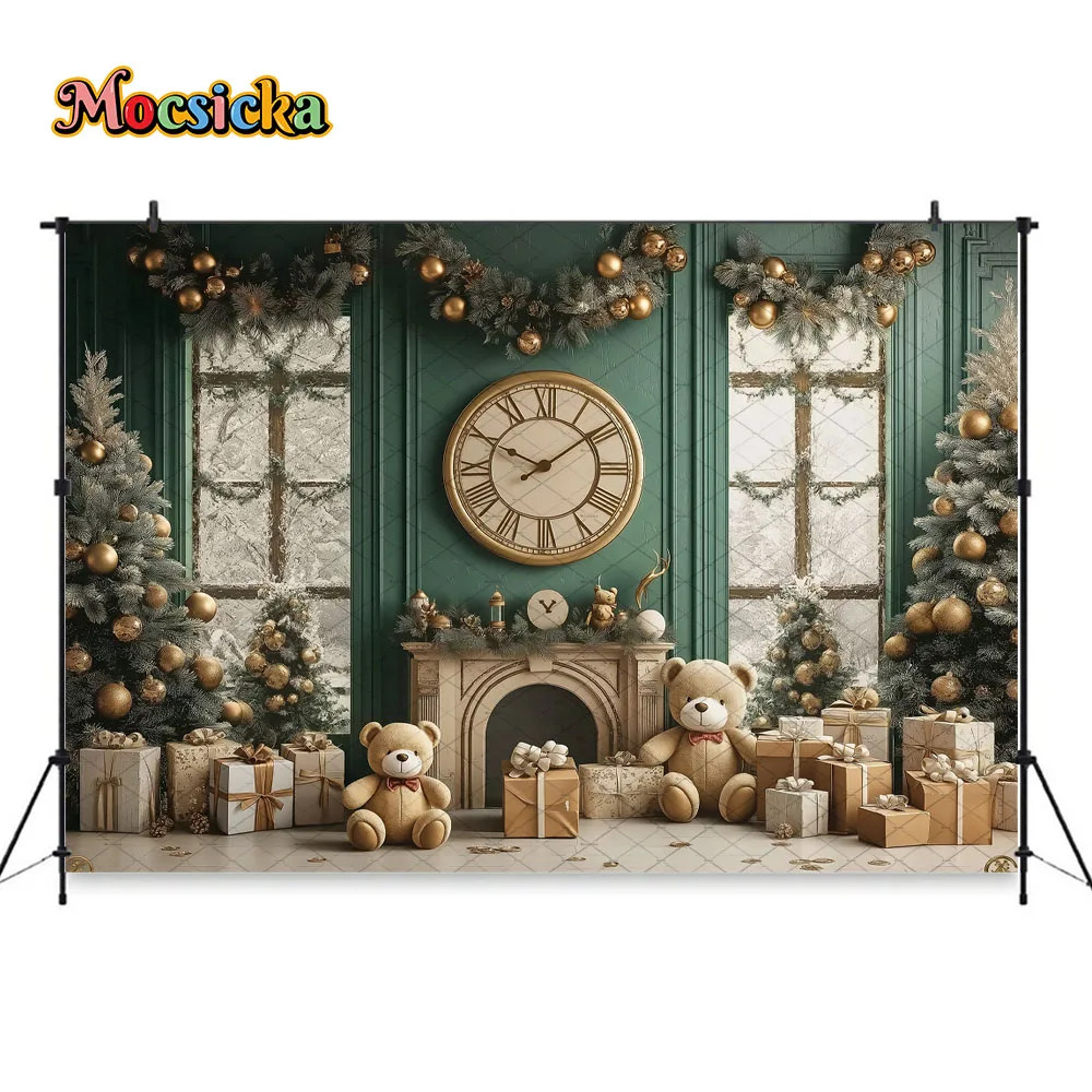 Mocsicka винтажный зеленый рождественский фон для комнаты, часы для фотосъемки, рождественская елка, игрушка, медведь, подарок, фон, зимний детский семейный фон для фотобудки