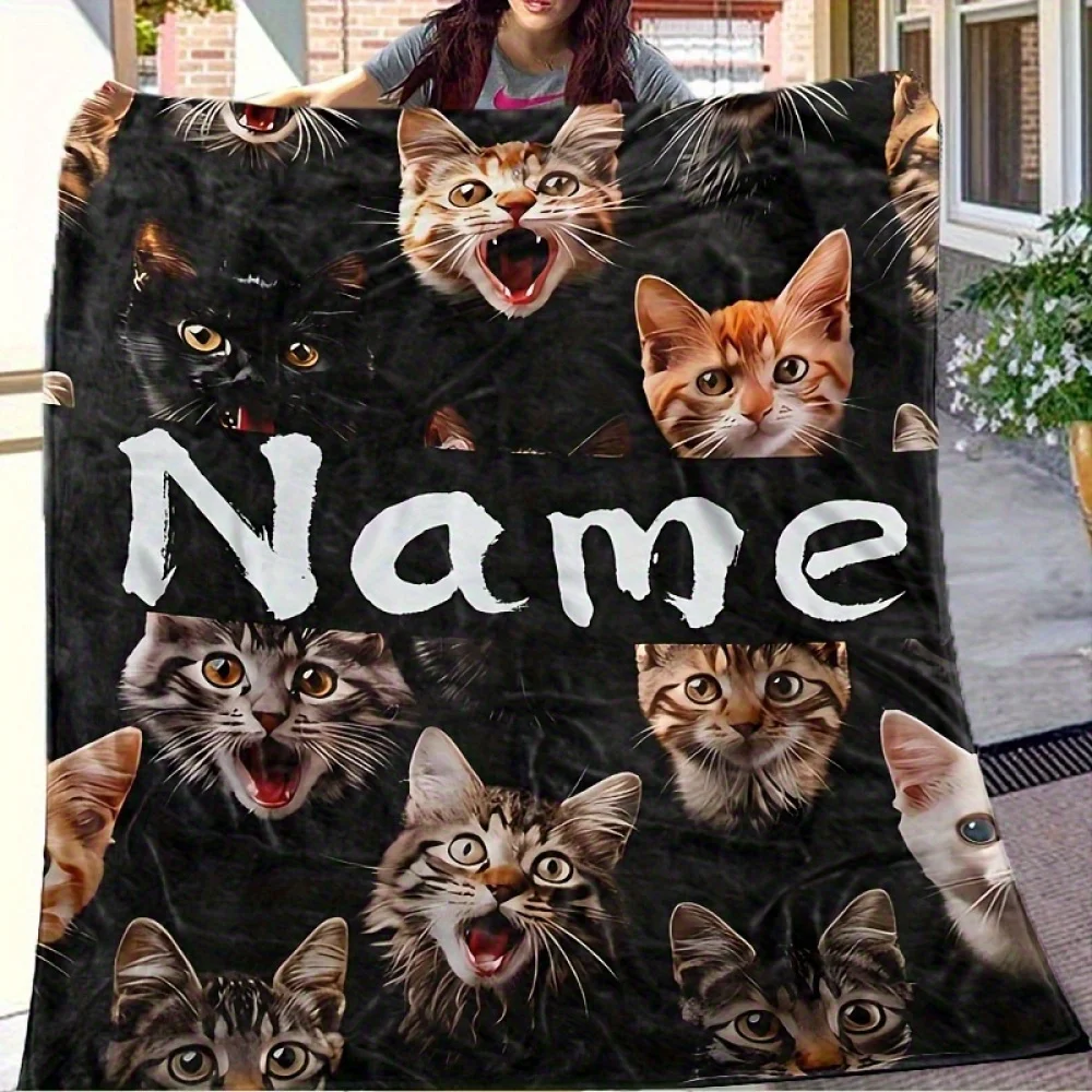 1 Stück individuelle Flanelldecke mit Katzengesicht, personalisierter Name, bezauberndes Katzenmuster, weicher Sofaüberwurf für Reisen, Camping, ganzjährig