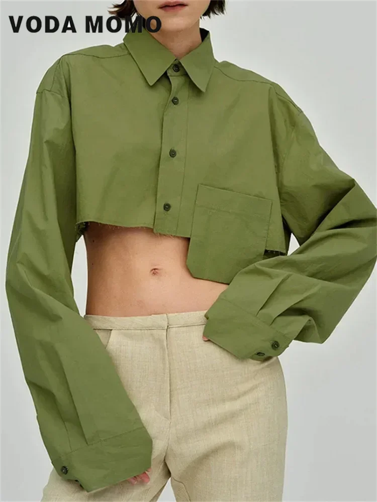 

Long Sleeve Solid Color Blouses Woman Streetwear Short Turn Down Collar Shirts Designer Irregular Cropped Shirts Women Pocket