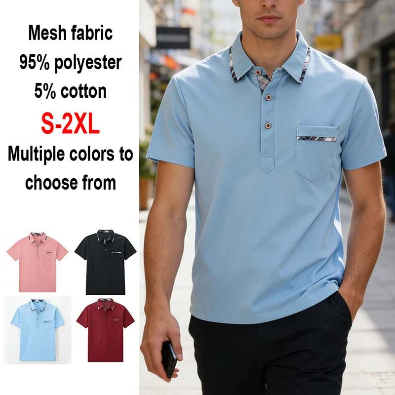Men's Plaid Collar Short Sleeve Polo Shirt Button Placket Chest Pocket Casual Breathable Business Golf Daily Wear Tops for Men
