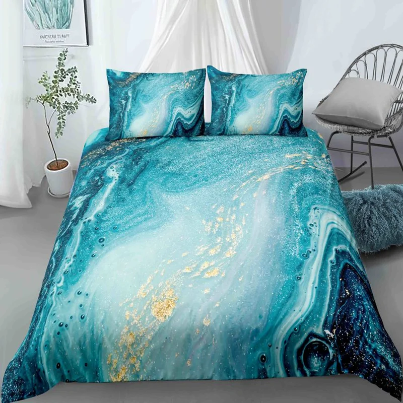 Chic Marble Duvet Cover Microfiber Mint Gold Glitter Turquoise Bedding Set Abstract Aqua Blue Quilt Cover Single Twin Full Size