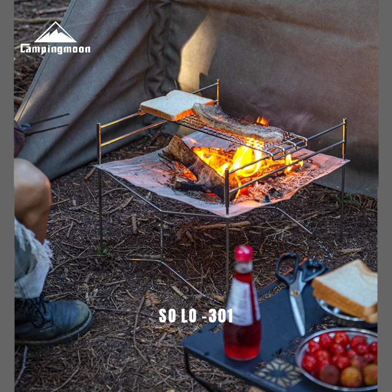 Fogão de aquecimento para acampamento ao ar livre, fogueira de aço inoxidável, grelha leve dobrável com rede de grelha, fogão a lenha