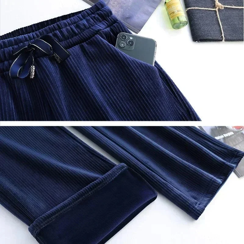 Winter Warm Velvet Wide Leg Pants Women New Thicken Lace Up Straight Sweatpants Plush Liend Pantalones High Wasit Spodnie