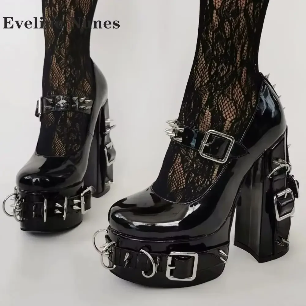 

Platform Rivet Metal Decoration Ankle Boots Round Toe Height Increasing Buckle Strap Pump Big Size Punk Sexy Shoes 2024 Autumn