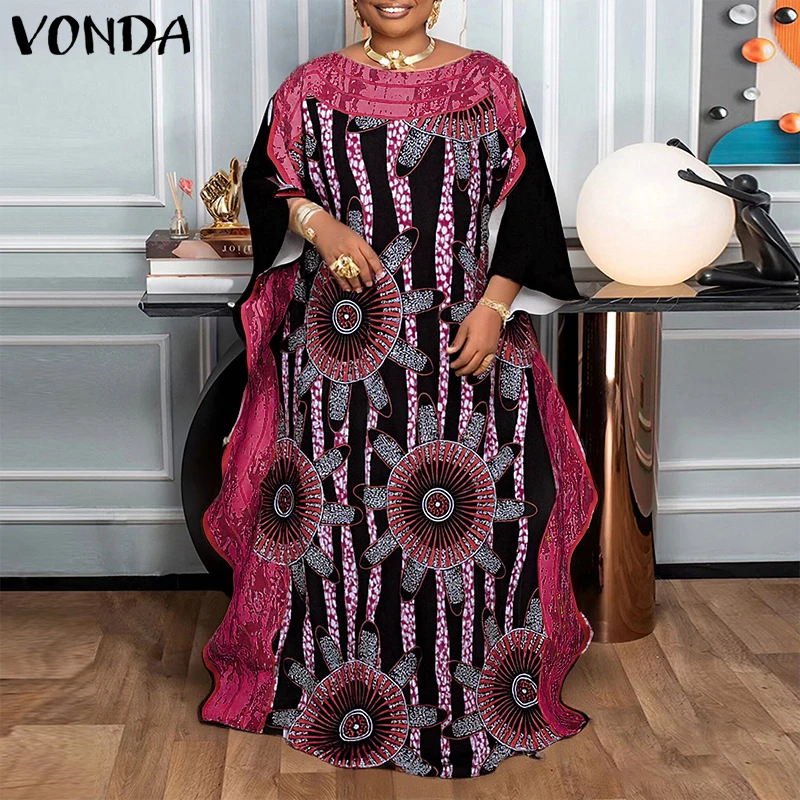 Plus Size 5XL VONDA 2026 Bohemian Long Dress Women Autumn Printed Maxi Sundress Flare Sleeve Ruffled Loose Casual Party Vestidos