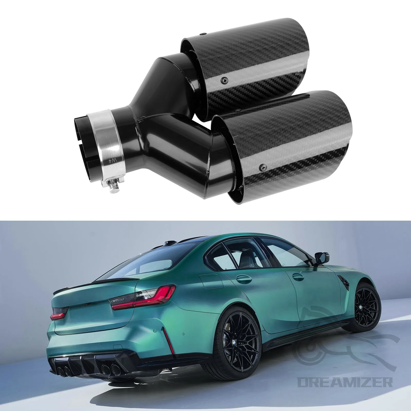 

1 Pair Universal Inlet 2.5" To Dual 4" Outlet Glossy Carbon Fiber Exhaust Tip Y Pipe Tailp For Ford F-150 F150