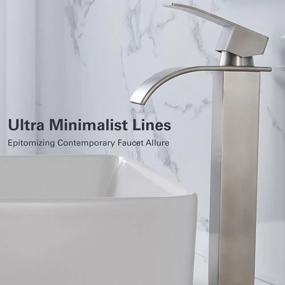 Grifo de lavabo de cascada de un solo mango alto de níquel cepillado con drenaje emergente para tocador de lavabo