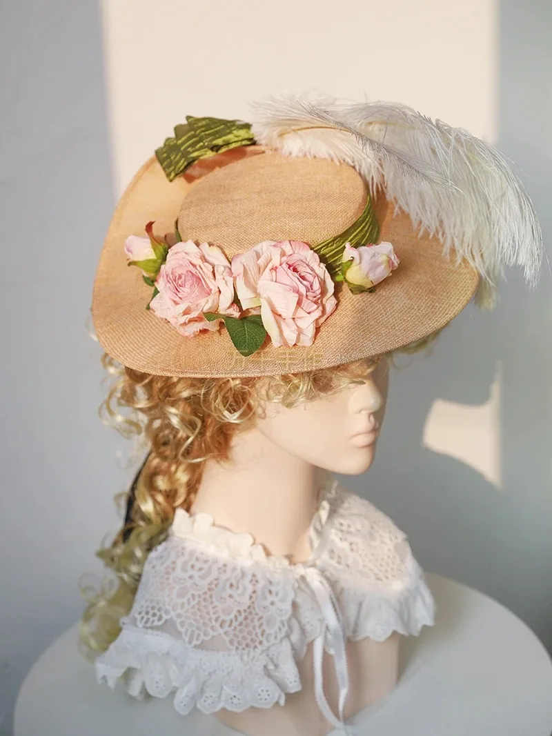 Victorian Pastoral Style Bonnet Hat Flower Decor Sunshade Flat Hat Tea Party Cap Lolita Flat Top Hat Beach Supplies