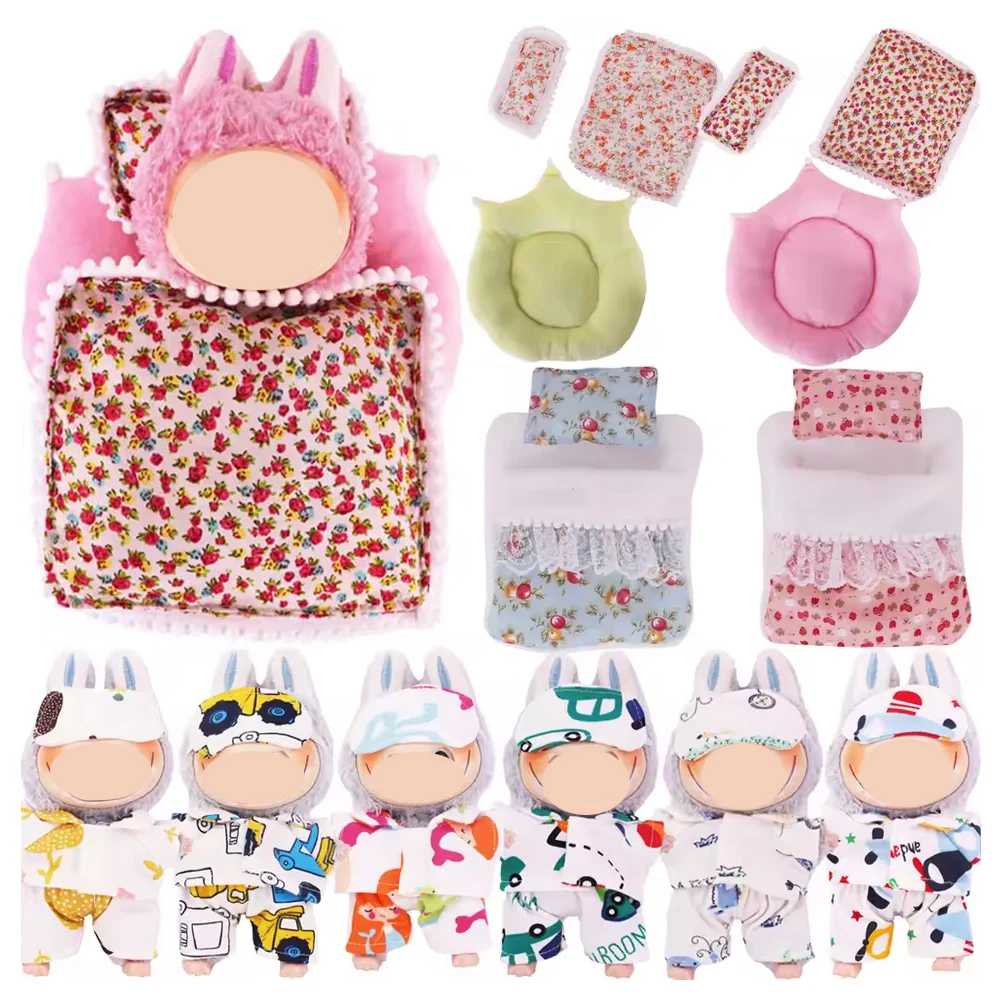 Juego de Mini accesorios para muñecas de 17cm para muñeca Labubu Pop 5/6 unids/set cama + edredón + pijama de almohada saco de dormir regalo para casa de muñecas, juguetes para niñas