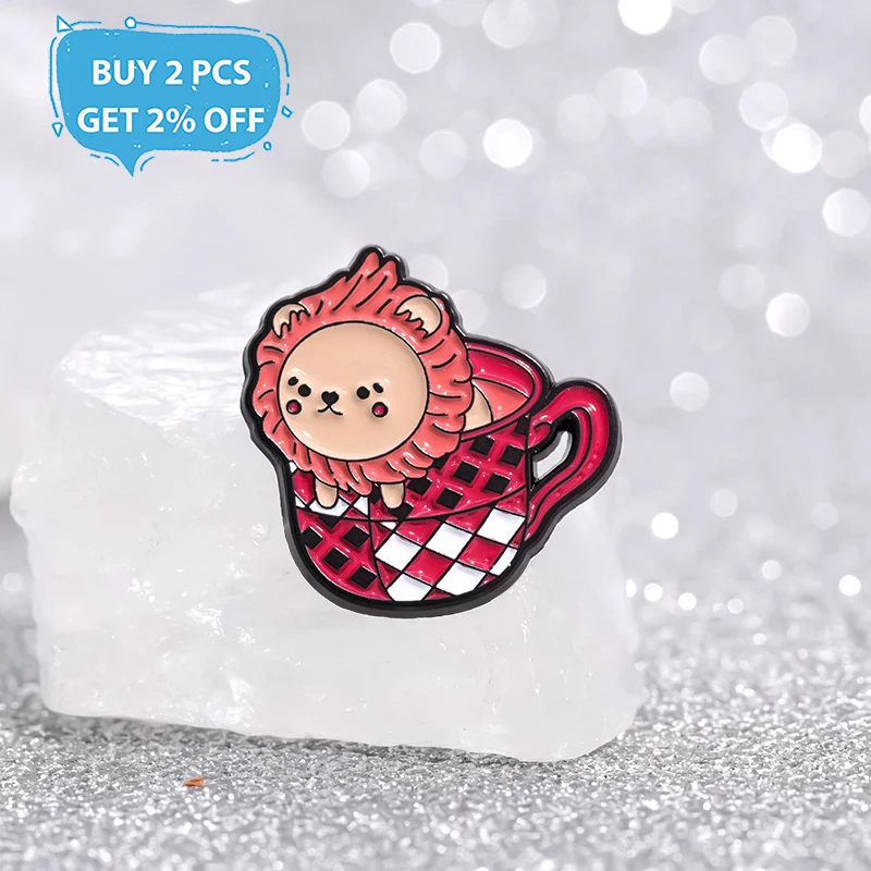 Cup Animal Enamel Pins Custom Snake Lion Owl Dog Brooches Lapel Badges Animal Jewelry Gift for Kids Friends