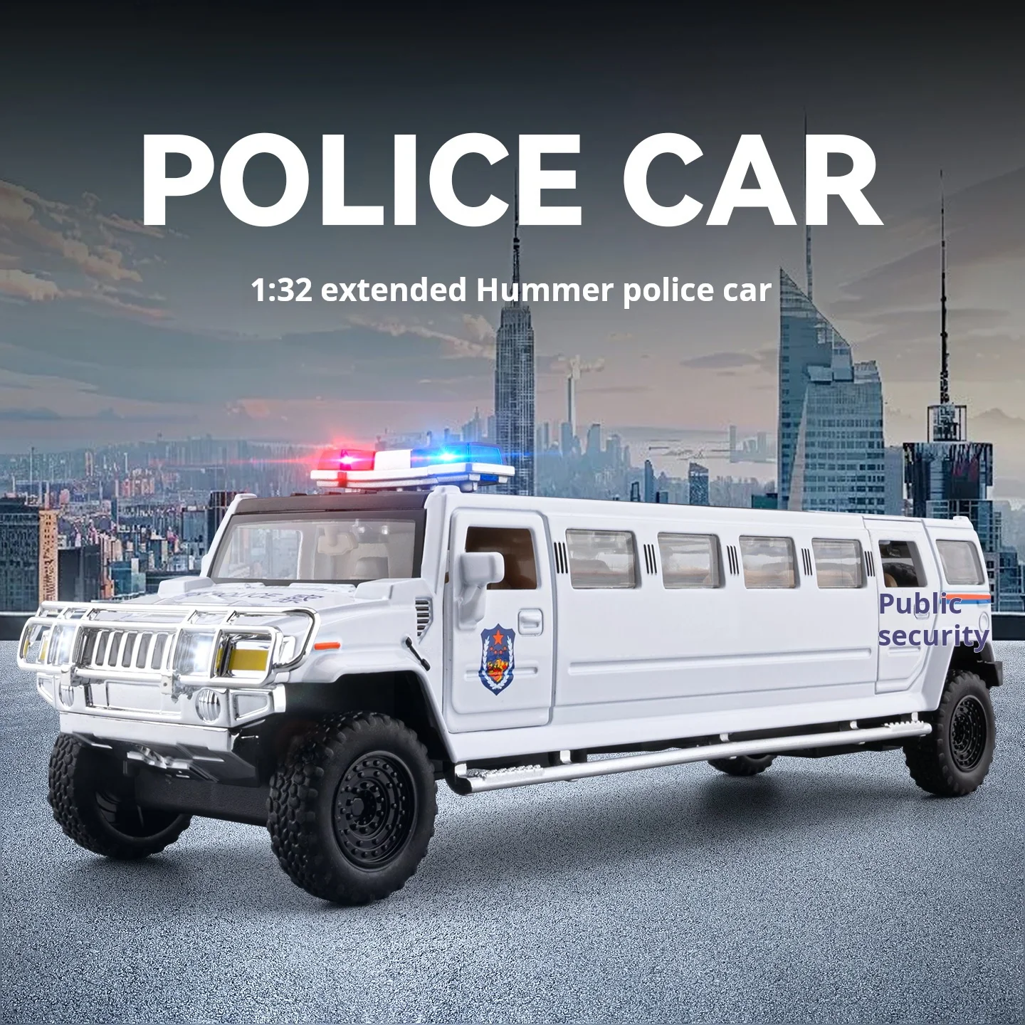 

1:32 Extended Hummer Alloy Police Car Model Diecast Metal Material Sound Light Collect Decoration Pull Back Birthday Gift