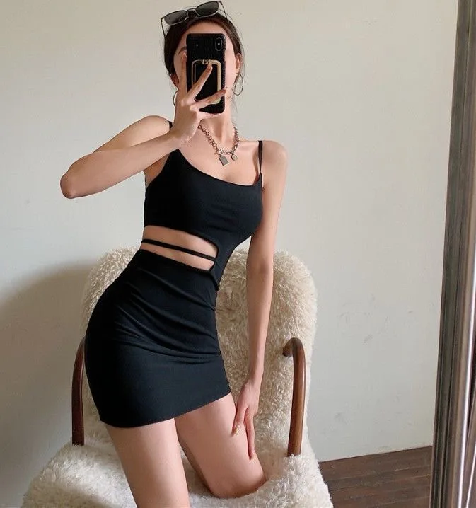 High Quality Hot Fashion Women Sexy Bodycon Mini Dress Sleeveless Spaghetti Strap Solid Color Cutout Dress Black Summer Party