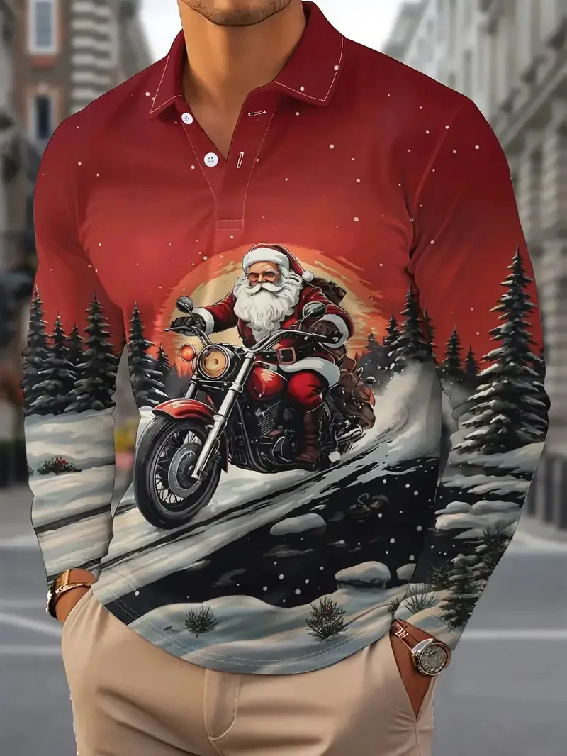 Polo gráfico de Papá Noel para motocicleta para hombre, camisas con solapa con tema navideño, divertido jersey de manga larga con estampado 3D