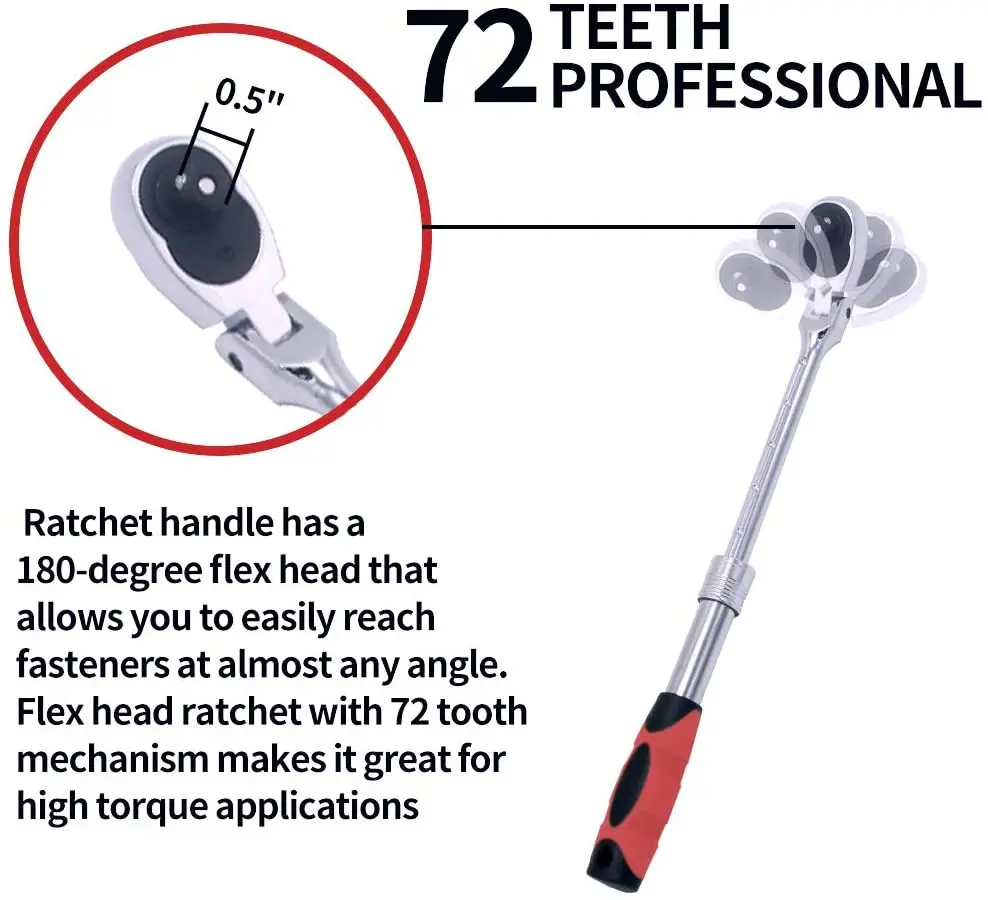 1/2 inch Drive 72 Teeth Retractable Ratchet Wrench Automatic Quick Release Spanner 180,  Flexible Head or Fixed Head