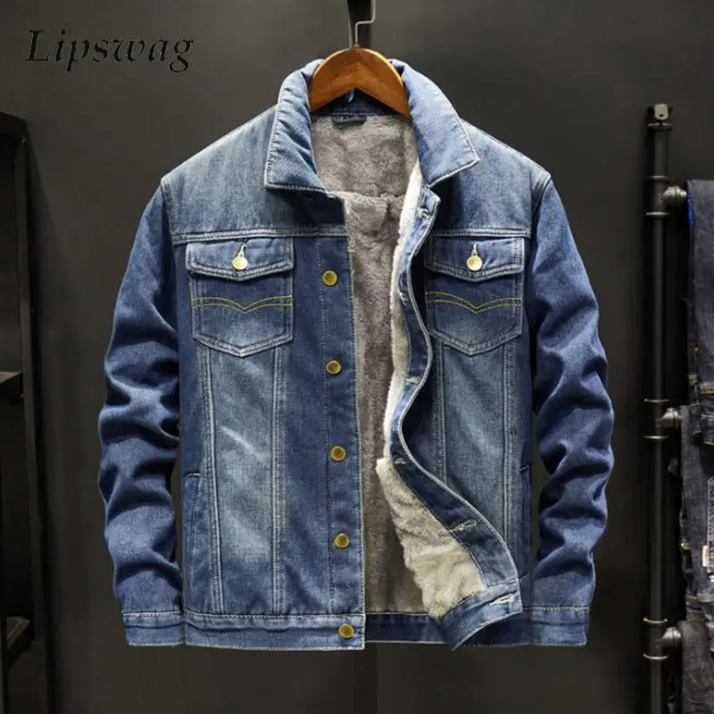 Fall Winter Fleece Liner Denim Jackets Mens Vintage Button-up Turn-down Collar Jean Coats For Men Streetwear Fashion Outerwear