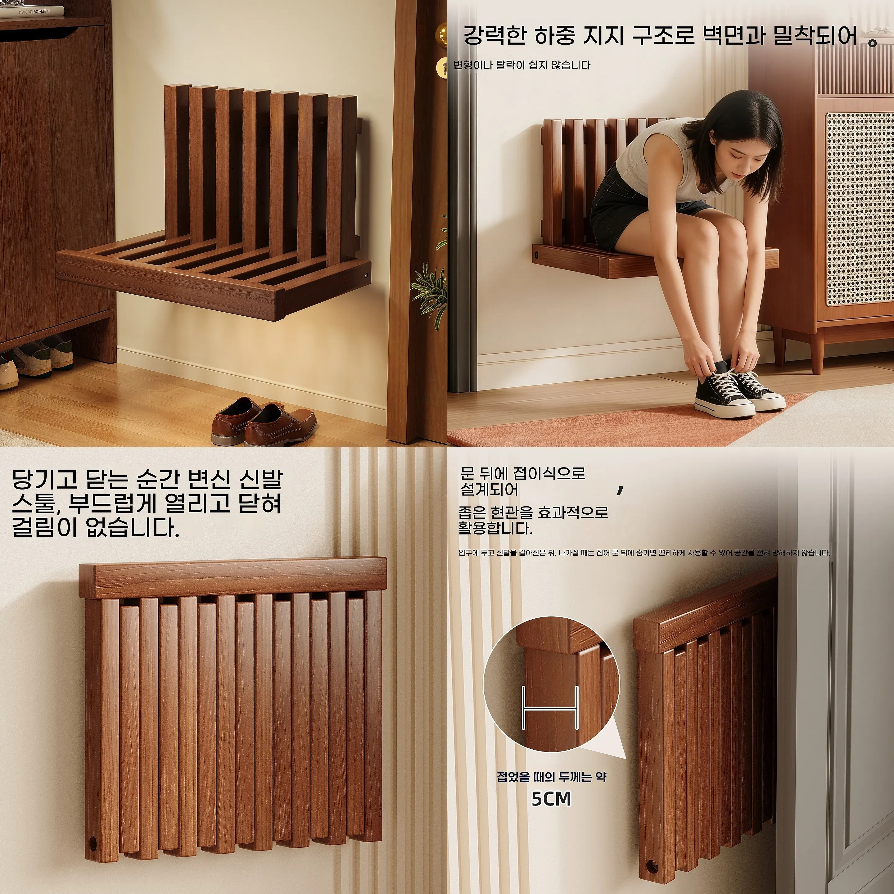 Solid Wood Folding Shoe Bench Wall Mounted Entryway Hidden Folding Chair Space Saving