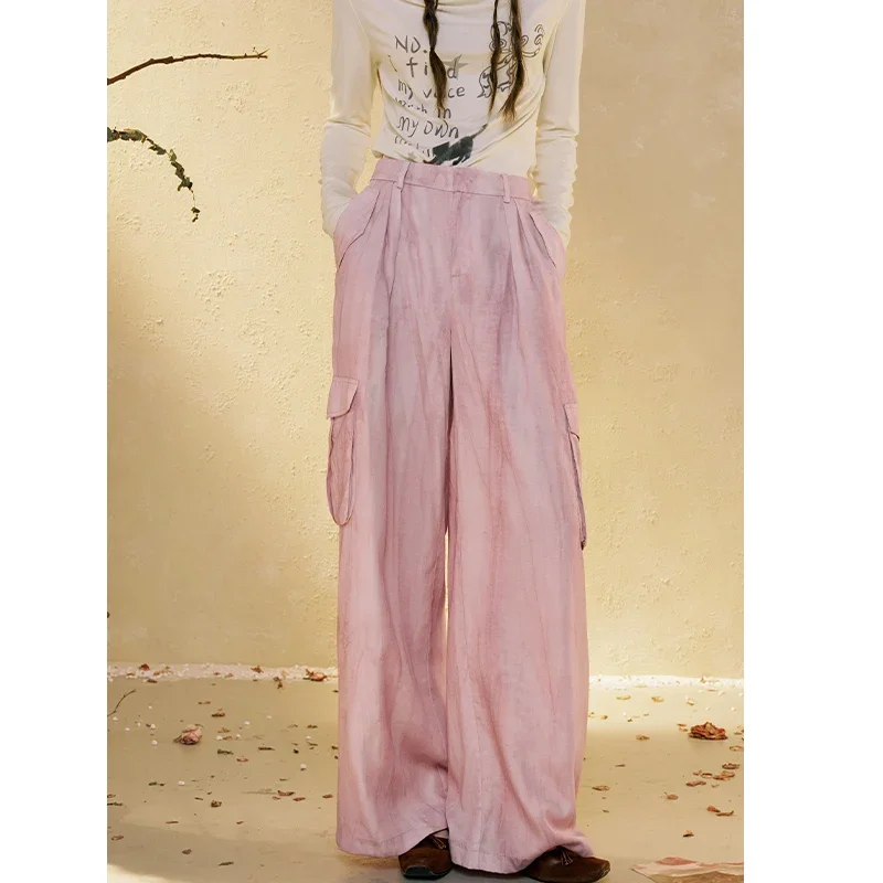 ELFSACK  Loose Fit Cargo Pants with Side Pockets, Pink Casual Wide Leg Trousers for Everyday, Stylish Streetwear Bottom