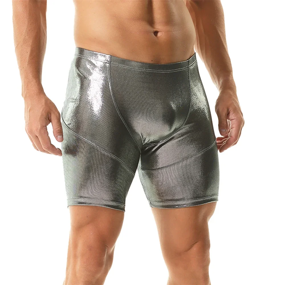 Men's Sexy Metallic Shiny Underwear Boxers Panties Man Comfatable U Convex Pouch Long Leg Underpants Solid Color Boxers Shorts