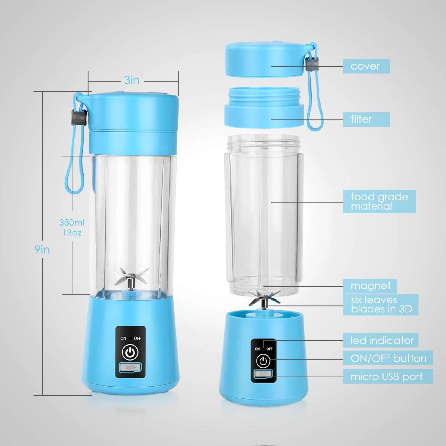 Portable USB Rechargeable Blender, Mini Juice Maker, 380ml Capacity, Travel & Gym Friendly