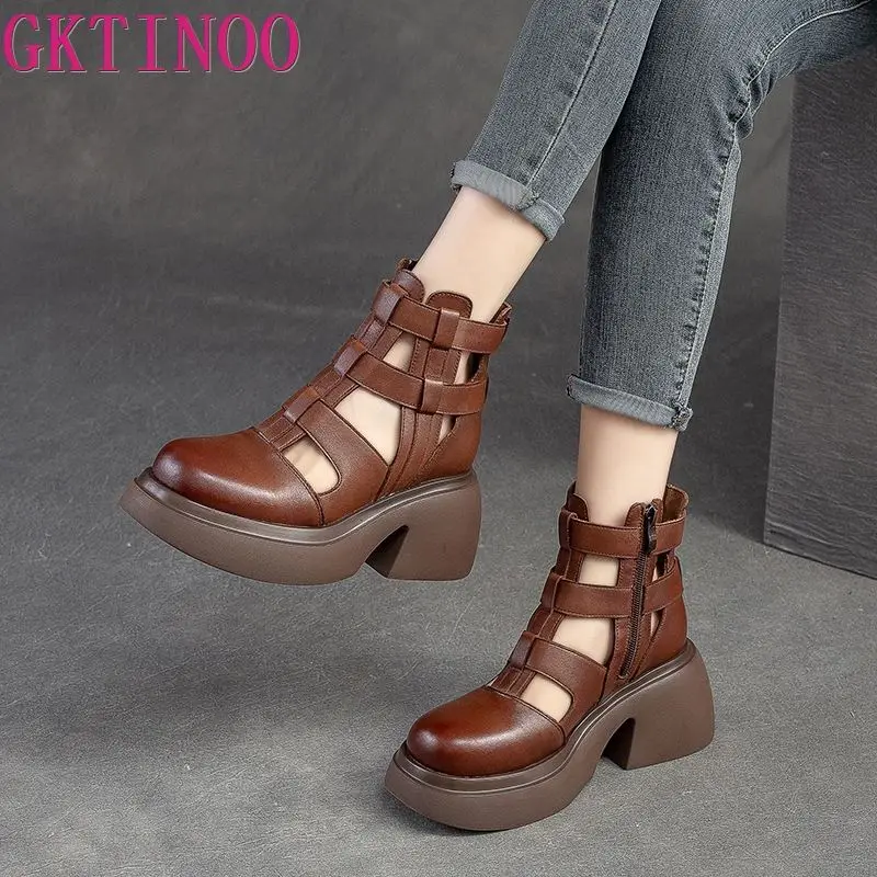 GKTINOO Women Sandals Wedges Heels Genuine Leather Round Toe Summer Fashion Female Gladiator Sandals Platform Shoes Woman