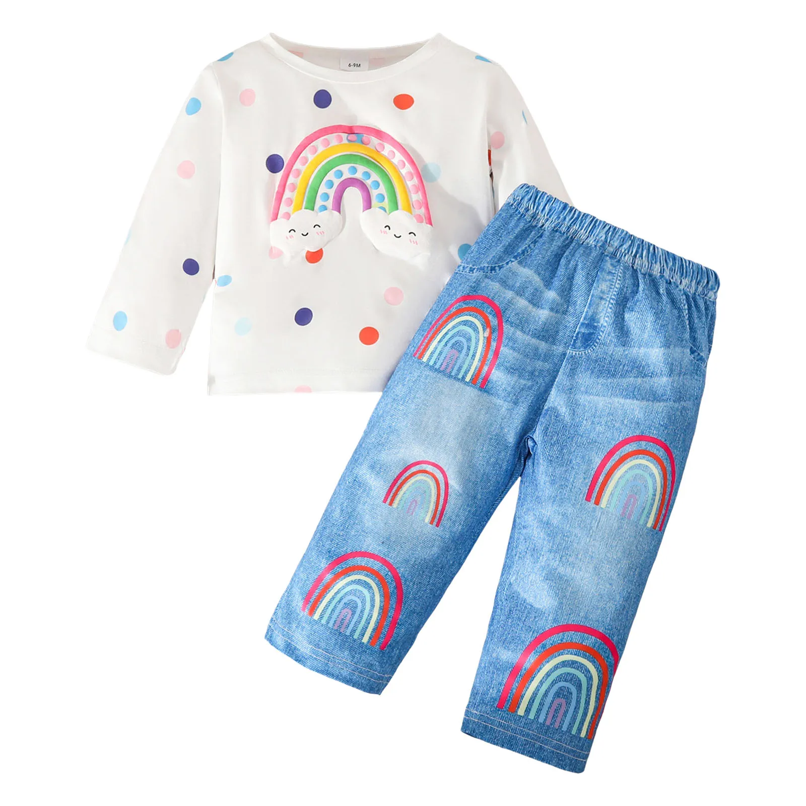 

Пижамы с длинными рукавами для маленьких девочек, комплект джинсовых штанов с длинными рукавами для девочек, удобная мягкая модная милая детская одежда с радужным принтом для девочек