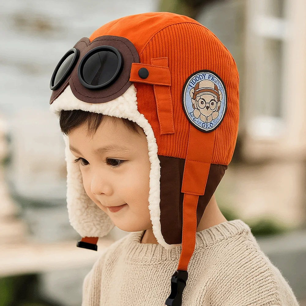 

New Cute Cartoon Children Pilot Hat Cold Proof Windproof Ear Protection Cap with Glasses Thickned Warm Hat Winter