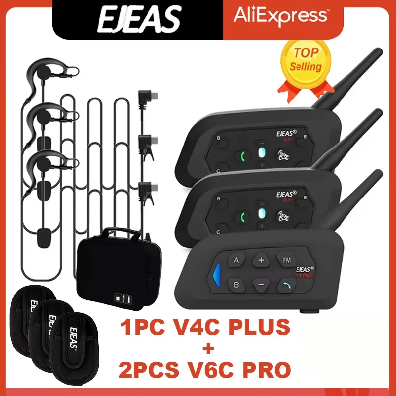 EJEAS V4C PLUS+2PCS V6C PRO 3 Users Referee Intercom Headset 1200M Full Duplex Bluetooth Headphone Soccer Conference Interphone