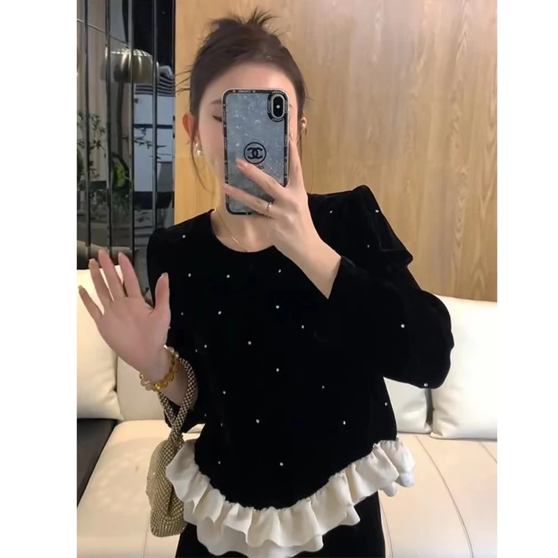 

Elegant Fashion Velvet Blouse Retro Patchwork Women Shirt Autumn Winter Long Sleeve Diamond Ruffles Tops