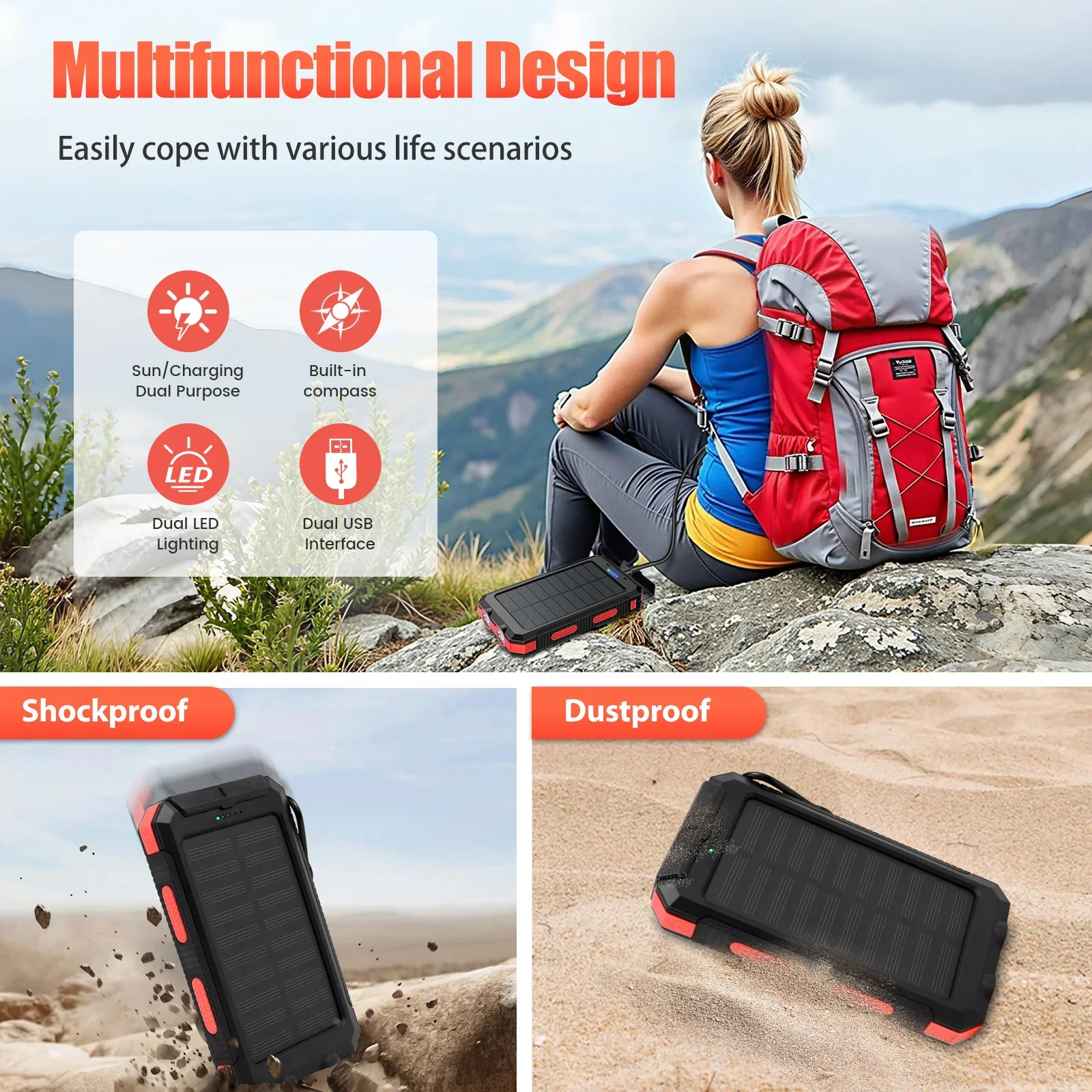 بنك طاقة يعمل بالطاقة الشمسية بقدرة 200000 مللي أمبير في الساعة، محمول مقاوم للماء في الهواء الطلق، منافذ USB مزدوجة، شحن سريع، مصباح LED لهاتف iPhone Tablet وAndroid