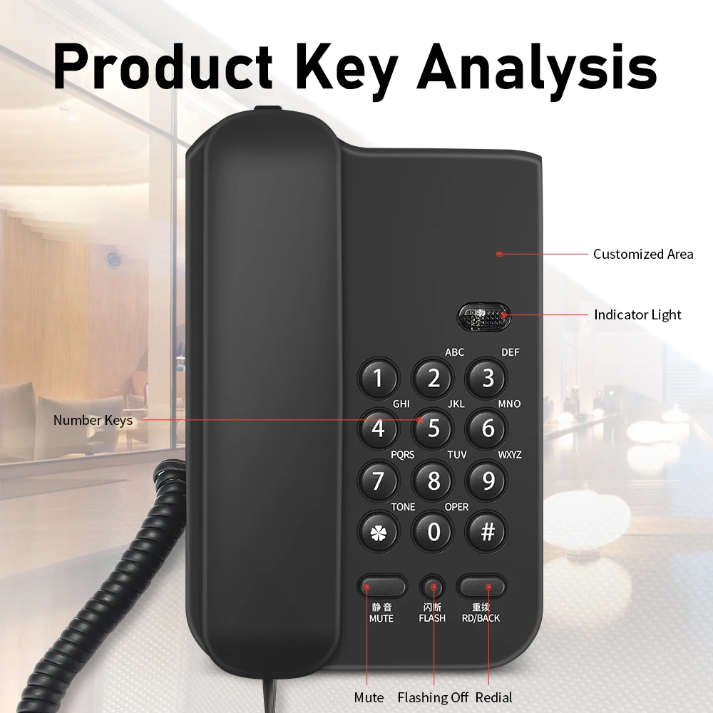 Home and hotel landline telephone Black/white landline telephone Room use