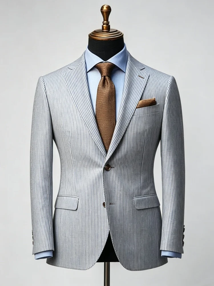Men's Light Grey Thin Vertical Striped Blazer Two Button Notched Lapel Slim Fit Suit Jacket Business Wedding Formal Outerwear